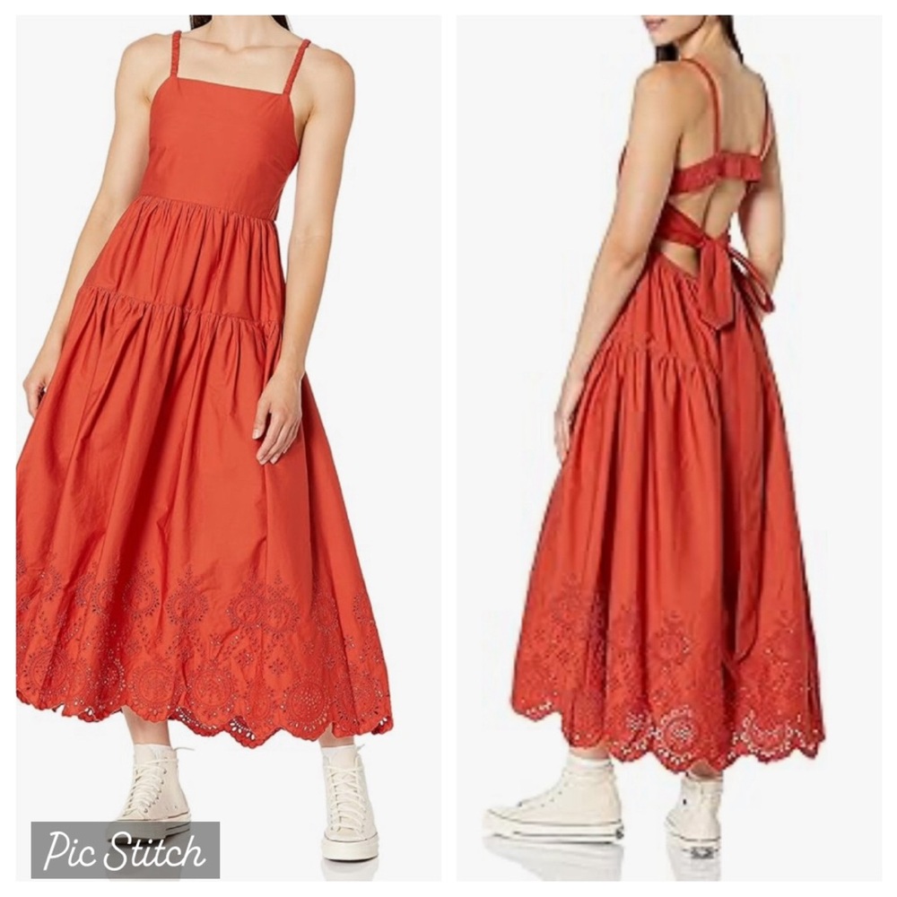 Moon River Tiered Shirred Back Tie Cut Out Eyelet Midi Dress